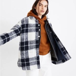 Madewell Walton Navy Blue White Wool Shirt Jacket in Colleton Plaid